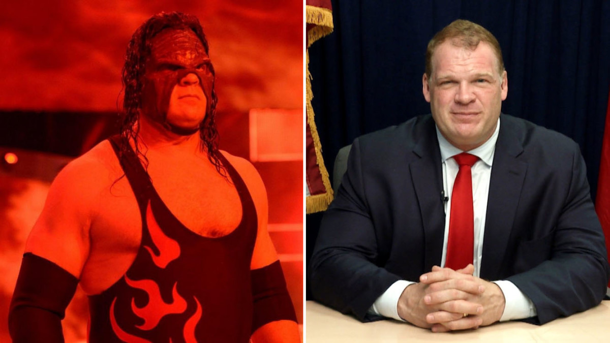 Split image of Glenn Jacobs as WWE's Kane and Knox County Mayor