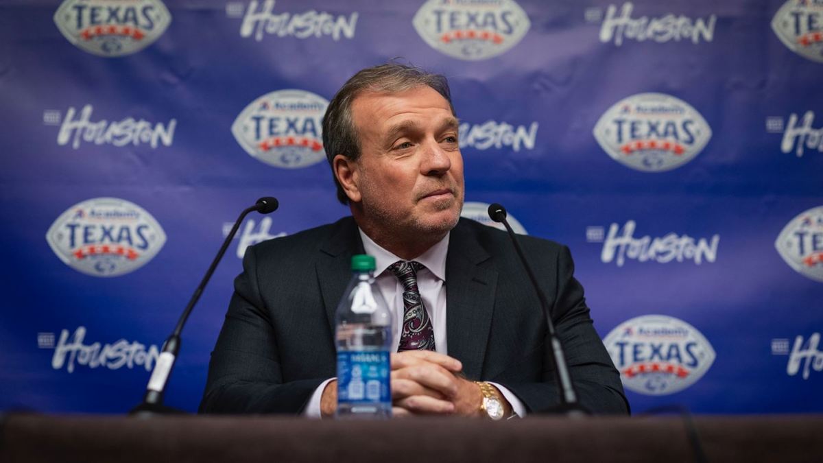 Jimbo Fisher talks to the media at the Academy Sports and Outdoors Texas Bowl press conference on Thursday.