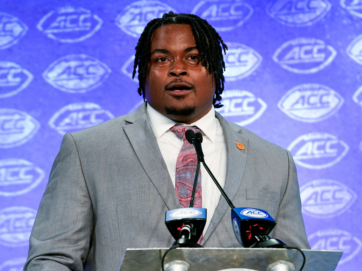 Jul 17, 2019; Charlotte, NC, USA; Clemson Tigers guard John Simpson speaks during the 2019 ACC Kickoff at the Westin Hotel in Charlotte, NC. Mandatory Credit: Jim Dedmon-USA TODAY Sports