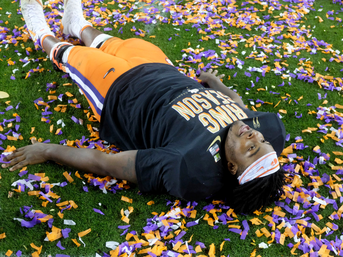 Jan 7, 2019; Santa Clara, CA, USA; Clemson Tigers offensive lineman John Simpson celebrates on the field after defeating the Alabama Crimson Tide during the 2019 College Football Playoff Championship game at Levi's Stadium. Mandatory Credit: Adam Hagy-USA TODAY Sports