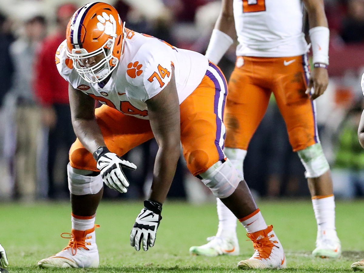 Nov 25, 2017; Columbia, SC, USA; Clemson Tigers guard John Simpson (74) and offensive tackle Tremayne Anchrum (73) line up against the South Carolina Gamecocks during the second half at Williams-Brice Stadium. Mandatory Credit: Jim Dedmon-USA TODAY Sports