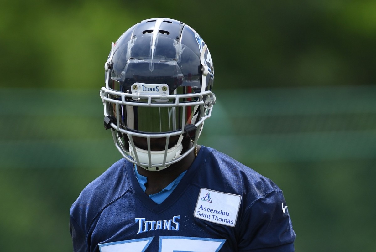 Tennessee Titans linebacker Nigel Harris (57) waits for his turn during drills at minicamp at Saint Thomas Sports Park.
