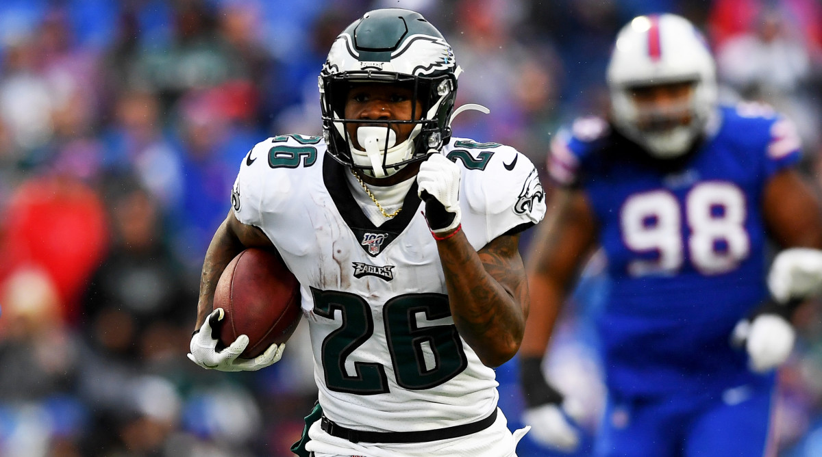 Oct 27, 2019; Orchard Park, NY, USA; Philadelphia Eagles running back Miles Sanders (26) runs with the ball on his way for a touchdown against the Buffalo Bills during the third quarter at New Era Field. Mandatory Credit: Rich Barnes-USA TODAY Sports