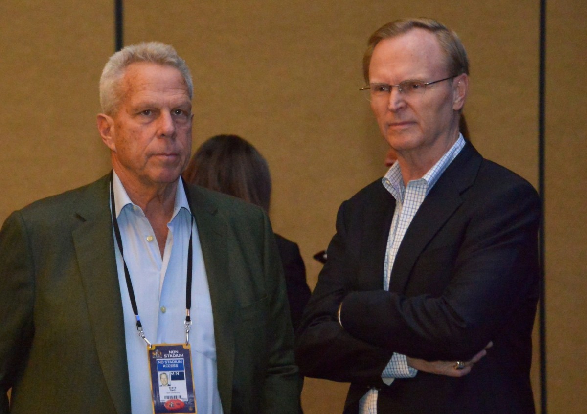 Feb 5, 2016; San Francisco, CA, USA; New York Giants co-owners Steve Tisch (left) and John Mara during a press conference at Moscone Center in advance of Super Bowl 50 between the Carolina Panthers and the Denver Broncos.
