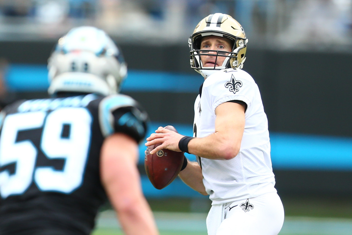 Dec 29, 2019; Charlotte, North Carolina, USA; New Orleans Saints quarterback Drew Brees (9) passes the ball during the second quarter against the Carolina Panthers at Bank of America Stadium. Mandatory Credit: Jeremy Brevard-USA TODAY Sports