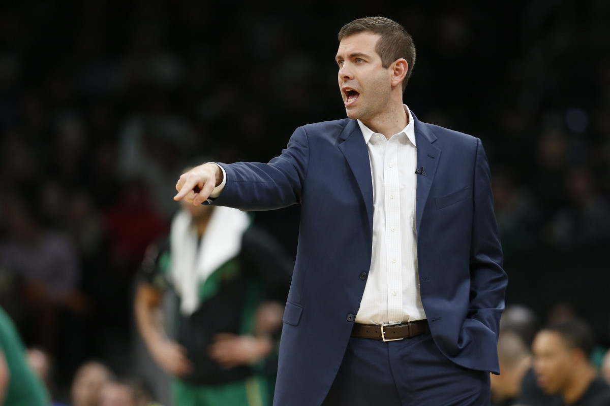 Dec 12, 2019; Boston, MA, USA; Boston Celtics head coach Brad Stevens reacts on the side line during the first half against the Philadelphia 76ers at TD Garden. Mandatory Credit: Greg M. Cooper-USA TODAY Sports