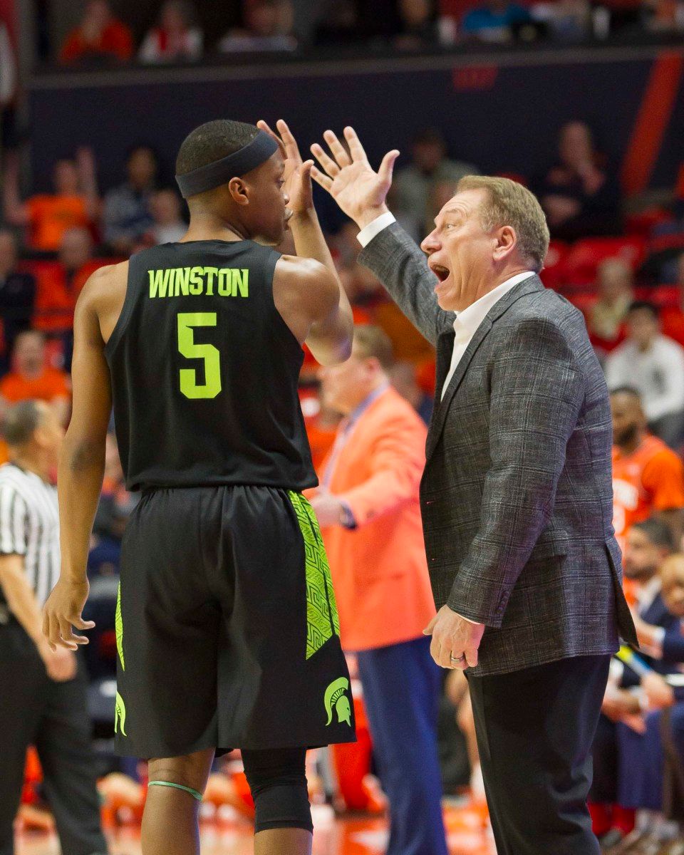 Michigan State Spartans head coach Tom Izzo has a discussion with guard Cassius Winston (5) during the first half against the Illinois Fighting Illini at State Farm Center.