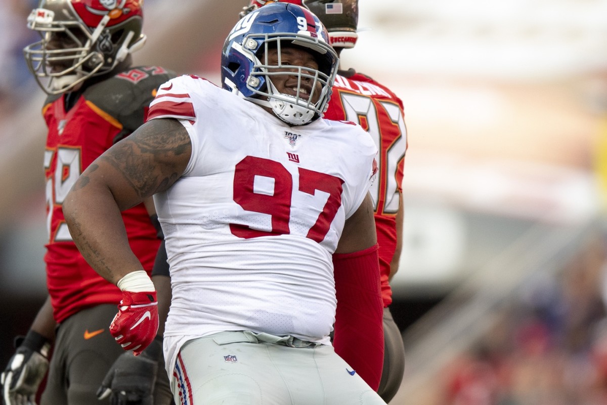 Sep 22, 2019; Tampa, FL, USA; New York Giants defensive tackle Dexter Lawrence (97) reacts during the third quarter against the Tampa Bay Buccaneers at Raymond James Stadium.