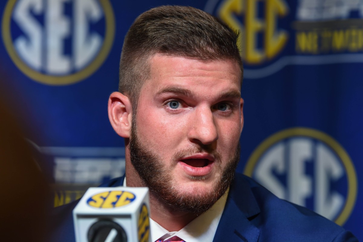 Jul 16, 2018; Atlanta, GA, USA; Kentucky Wildcats tight end CJ Conrad answers questions during SEC football media day at the College Football Hall of Fame.