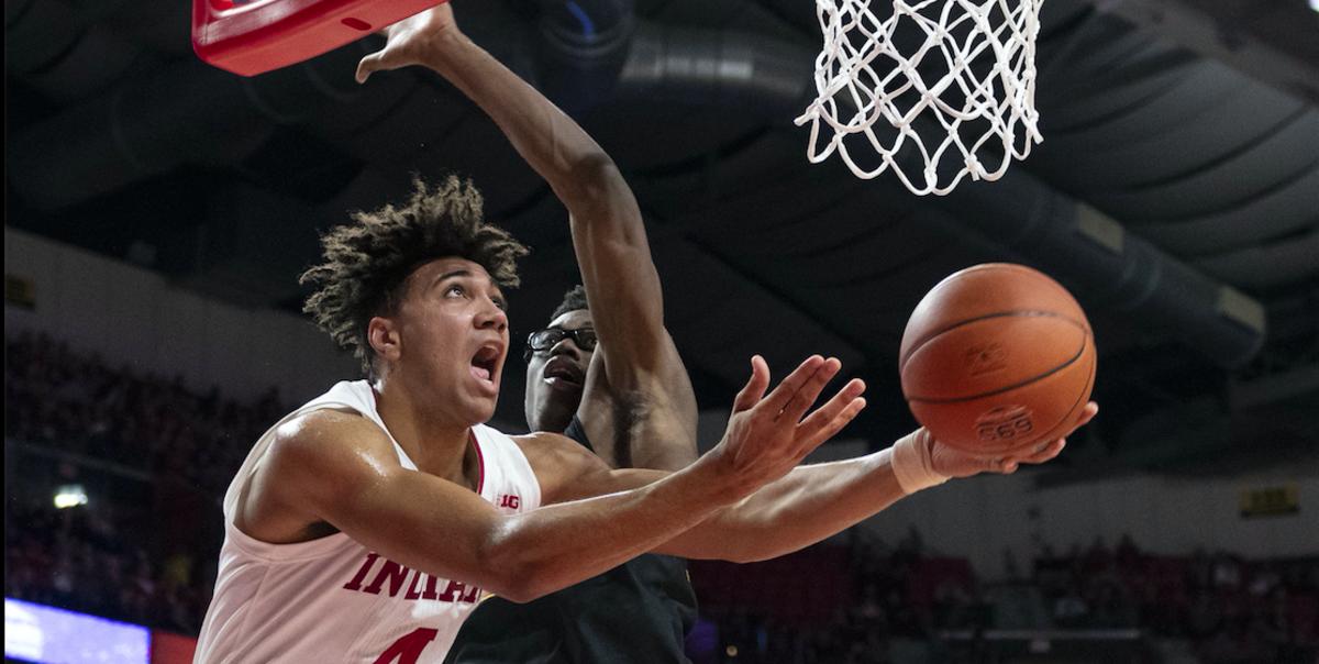 College Park, Maryland, USA; Indiana Hoosiers forward Trayce Jackson-Davis (4) shoots as Maryland Terrapins forward Jalen Smith (25) defends during the first half at XFINITY Center. Mandatory Credit: Tommy Gilligan-USA TODAY Sports