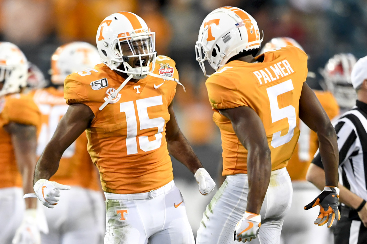 Jan 2, 2020; Jacksonville, Florida, USA; Tennessee Volunteers wide receiver Jauan Jennings (15) and wide receiver Josh Palmer (5) react during the fourth quarter against the Indiana Hoosiers at TIAA Bank Field. Mandatory Credit: Douglas DeFelice-USA TODAY Sports