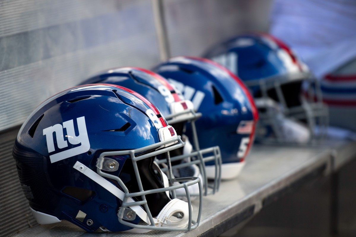 Sep 22, 2019; Tampa, FL, USA; General view of New York Giants helmets on the bench prior to the game against the Tampa Bay Buccaneers at Raymond James Stadium.