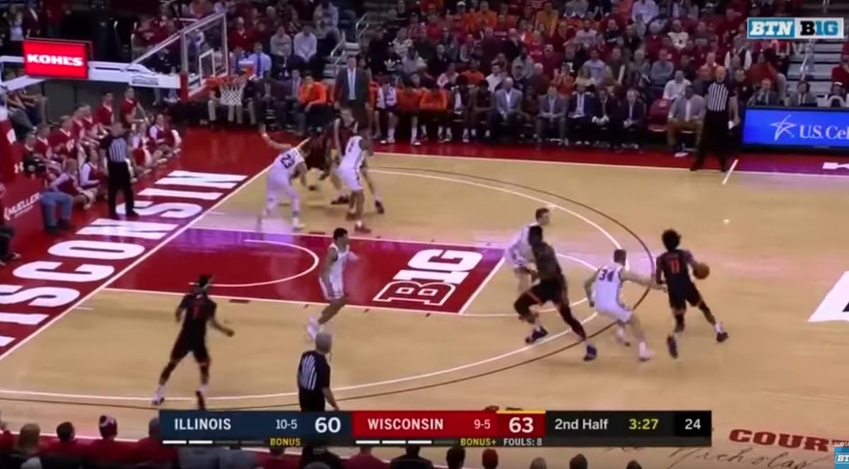 This Illinois slip screen by Kofi Cockburn for Ayo Dosunmu allows for an easy pin-down screen by Giorgi Bezhanishvili and results in a 3-pointer by Alan Griffin.