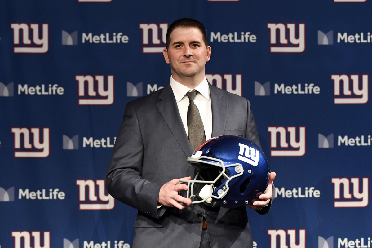 Jan 9, 2020; East Rutherford, New Jersey, USA; New York Giants new head coach Joe Judge poses for photos after his press conference at MetLife Stadium.