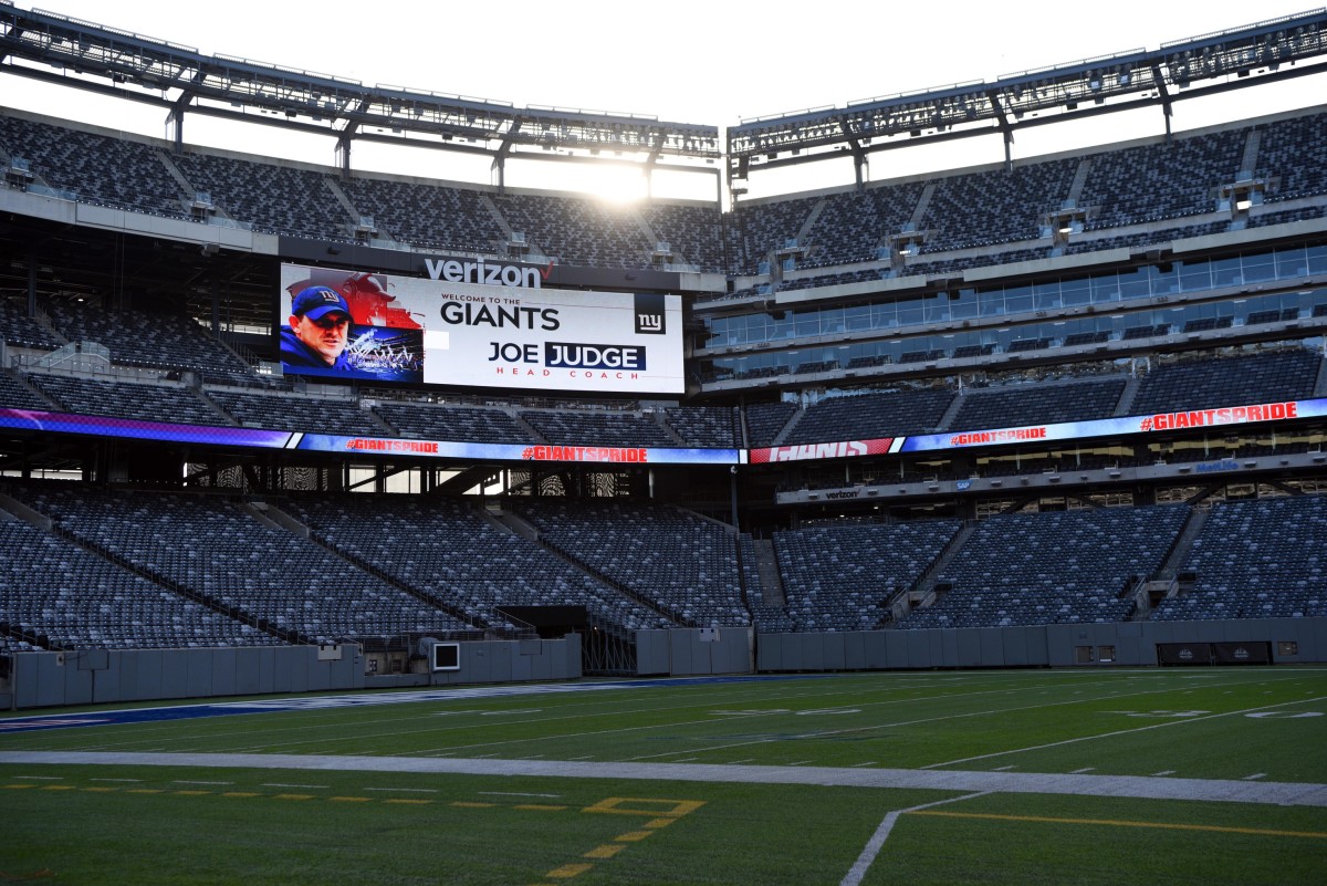 Jan 9, 2020; East Rutherford, New Jersey, USA; The scoreboard at MetLife Stadium welcomes Joe Judge as the New York Giants new head coach.