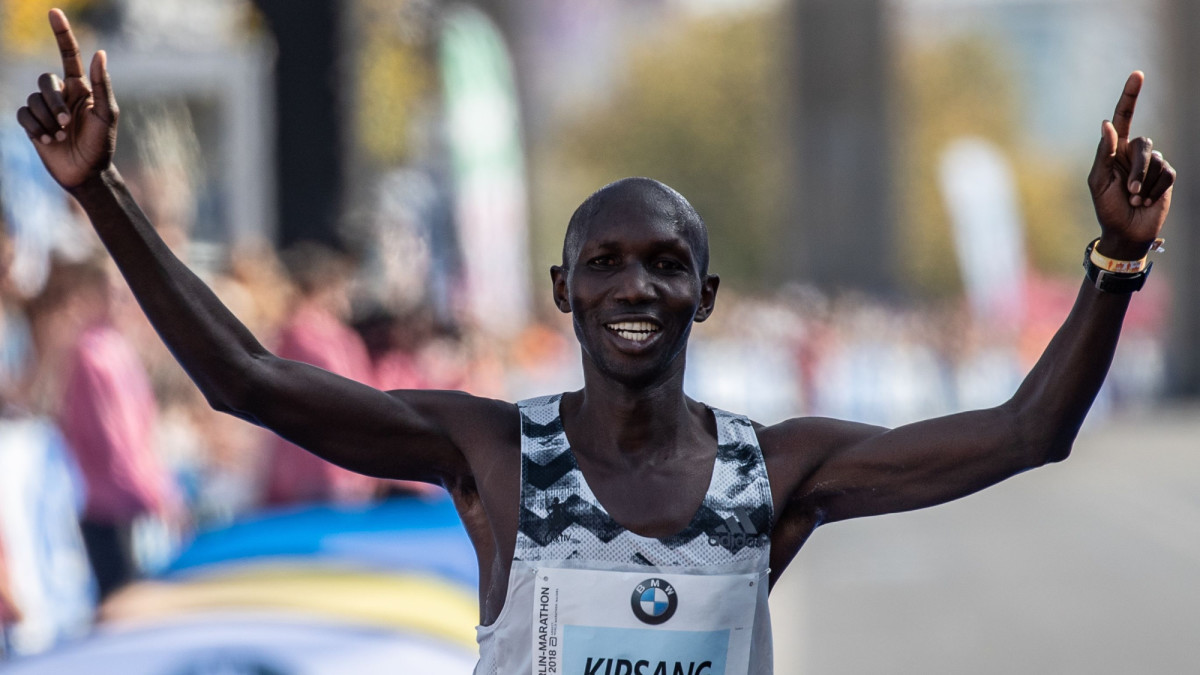 Former world record holder Wilson Kipsang finishes the Berlin Marathon.