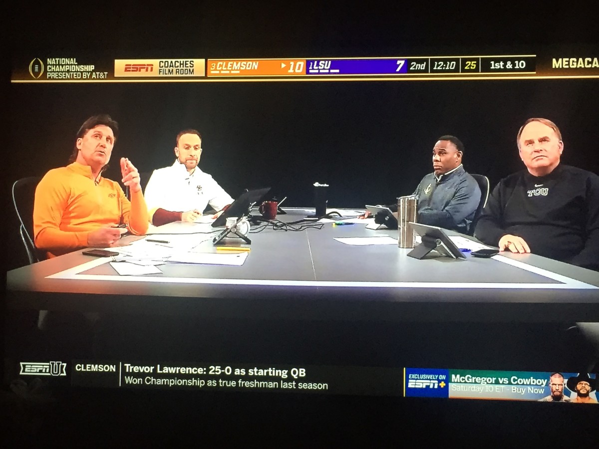 Gundy with (from left) Jeff Hafley, Derek Mason, and Gary Patterson on Coaches Film Room on ESPNU.