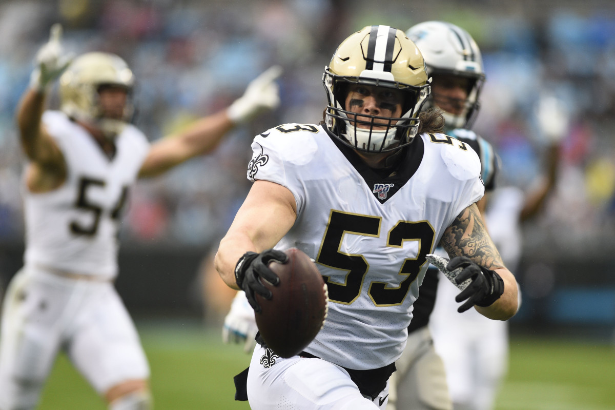 Dec 29, 2019; Charlotte, North Carolina, USA; New Orleans Saints outside linebacker A.J. Klein (53) returns an interception for a touchdown in the second quarter at Bank of America Stadium. Mandatory Credit: Bob Donnan-USA TODAY Sports