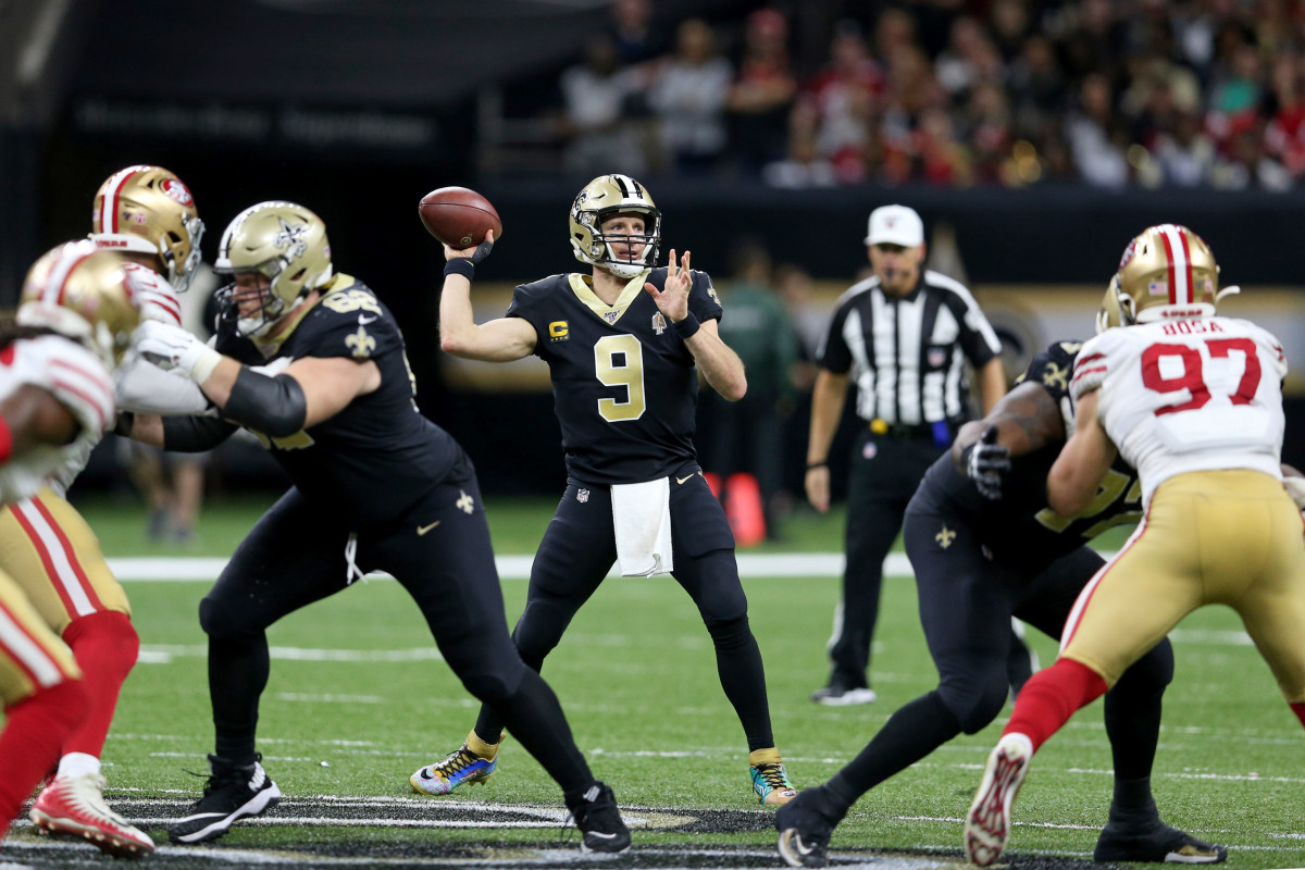 Dec 8, 2019; New Orleans, LA, USA; New Orleans Saints quarterback Drew Brees (9) throws while offensive guard Nick Easton (62) and offensive tackle Terron Armstead (72) block in the second half against the San Francisco 49ers at the Mercedes-Benz Superdome. The 49ers won, 48-46. Mandatory Credit: Chuck Cook-USA TODAY Sports