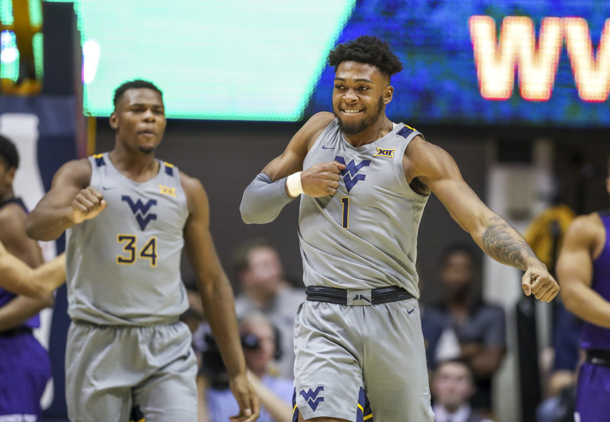 West Virginia Mountaineers forward Derek Culver (1) celebrates after basket during the first half against the TCU Horned Frogs at WVU Coliseum.