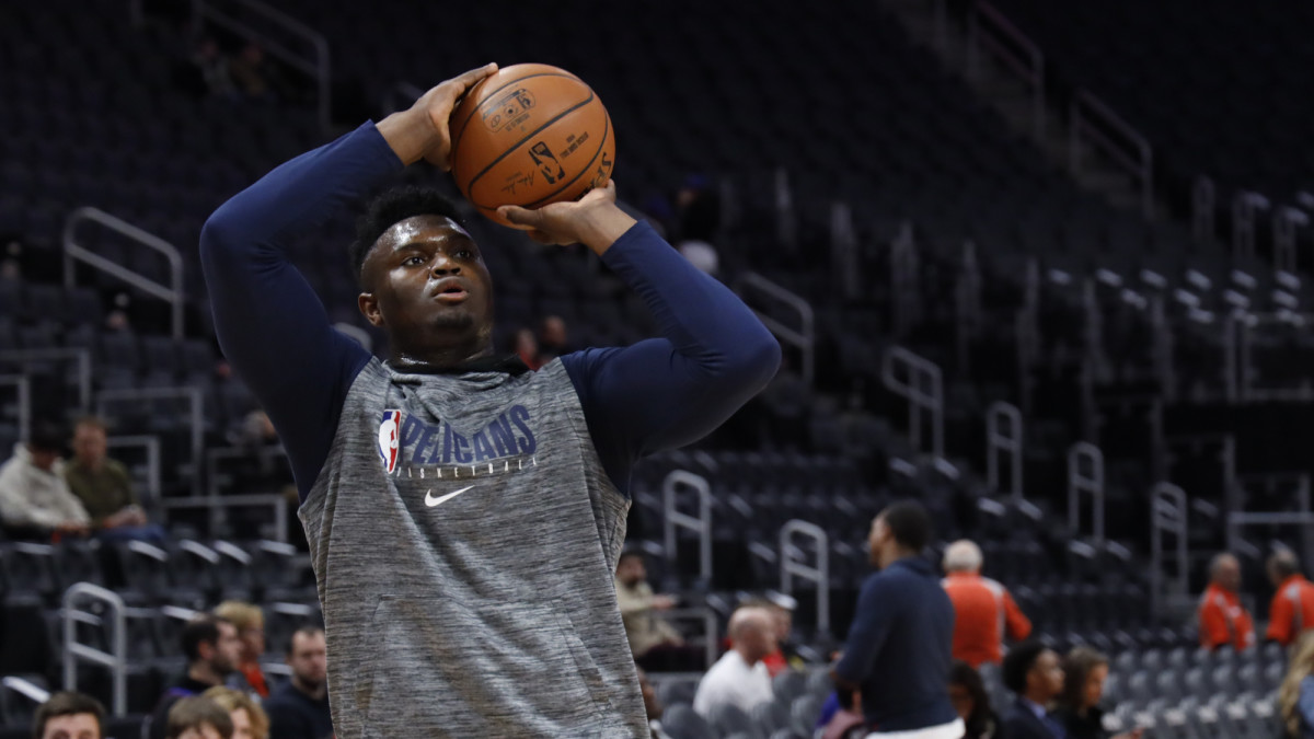 New Orleans Pelicans forward Zion Williamson during warm ups prior to the game against the Detroit Pistons at Little Caesars Arena.
