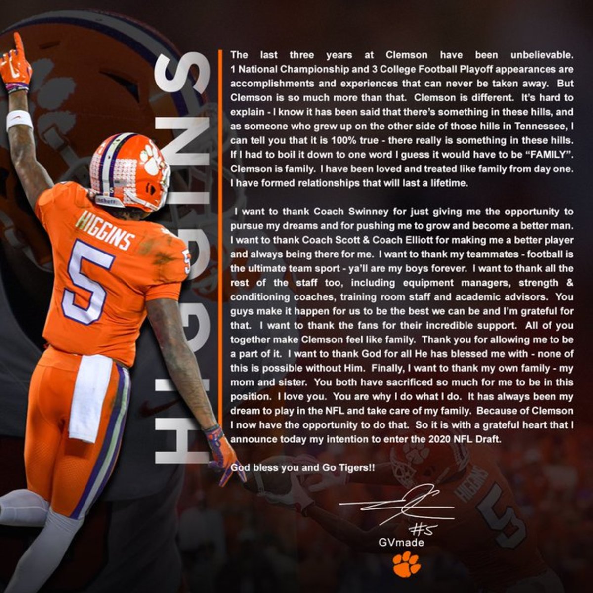 Tee Higgins posts on social media to announce his intentions to enter the 2020 NFL Draft.
