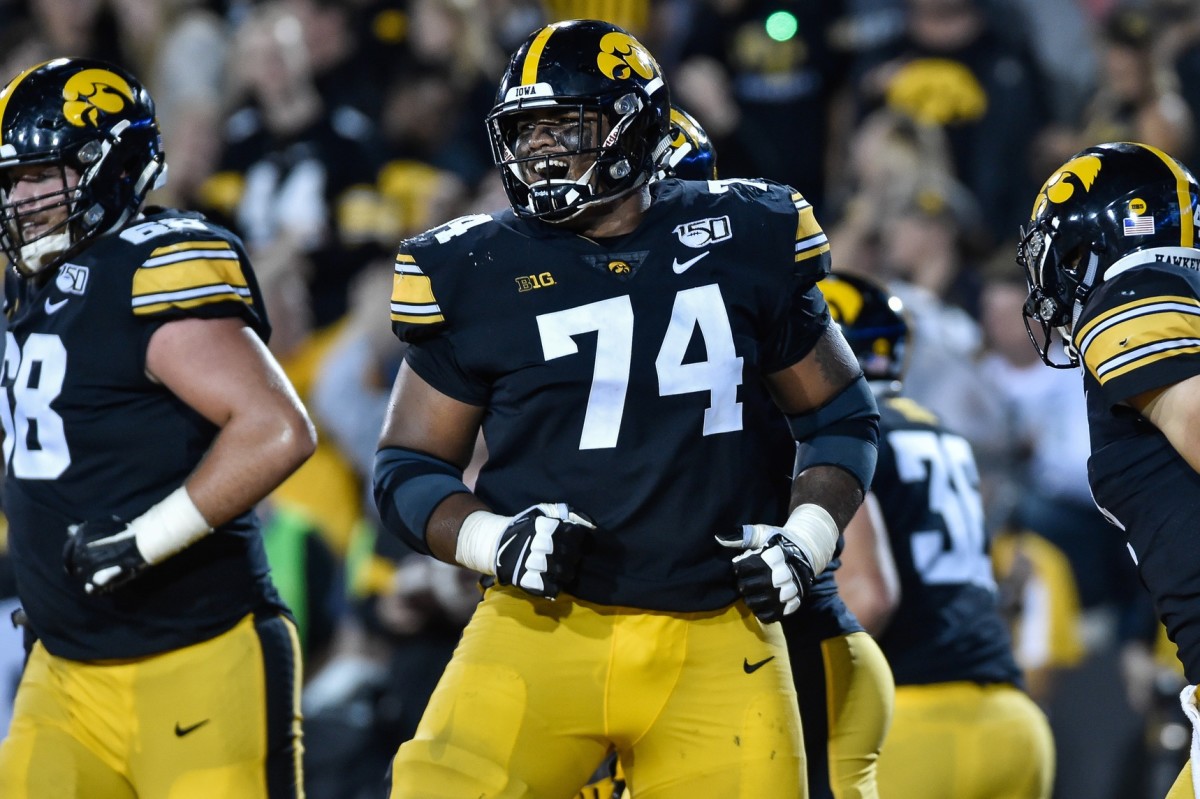 Iowa Hawkeyes offensive lineman Tristan Wirfs (74) reacts during the game against the Miami (Oh) Redhawks at Kinnick Stadium.