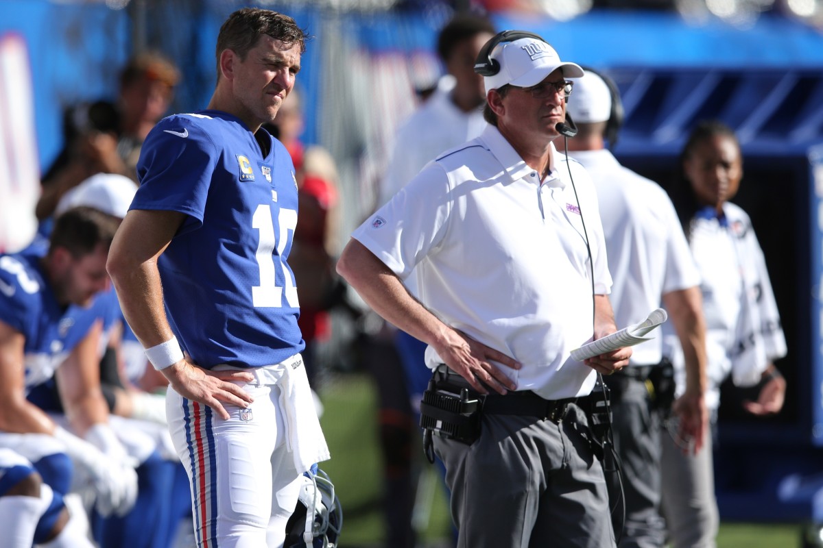 New York Giants head coach Pat Shurmur and offensive coordinator Mike Shula react during the fourth quarter against the Buffalo Bills at MetLife Stadium.