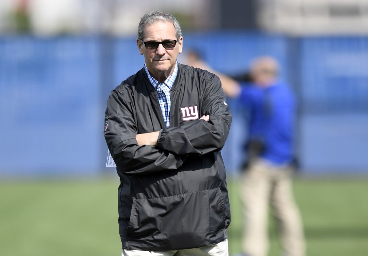 May 11, 2018; East Rutherford, NJ, USA; New York Giants general manager Dave Gettleman on the field during rookie minicamp at Quest Diagnostics Training Center on Friday.