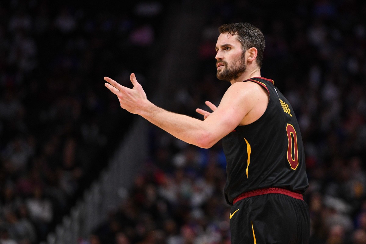 Cavaliers power forward Kevin Love turns to the bench during a game against the Pistons.