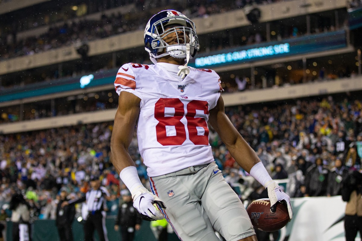 Dec 9, 2019; Philadelphia, PA, USA; New York Giants wide receiver Darius Slayton (86) reacts after his touchdown against the Philadelphia Eagles during the second quarter at Lincoln Financial Field.