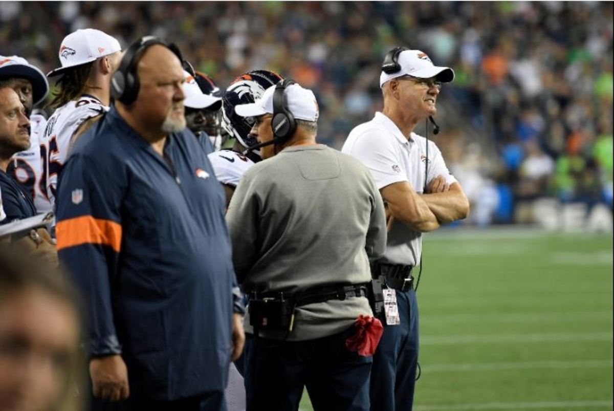 Defensive coordinator Ed Donatell keeping a close watch as the Denver Broncos take on the Seattle Seahawks at CenturyLink Field August 8, 2019 in Seattle, Washington.