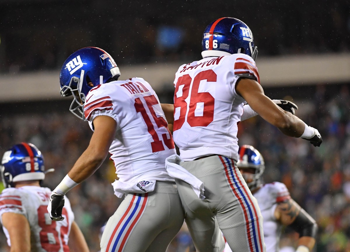Dec 9, 2019; Philadelphia, PA, USA; New York Giants wide receiver Darius Slayton (86) celebrates his touchdown catch with wide receiver Golden Tate (15) during the second quarter against the Philadelphia Eagles at Lincoln Financial Field.