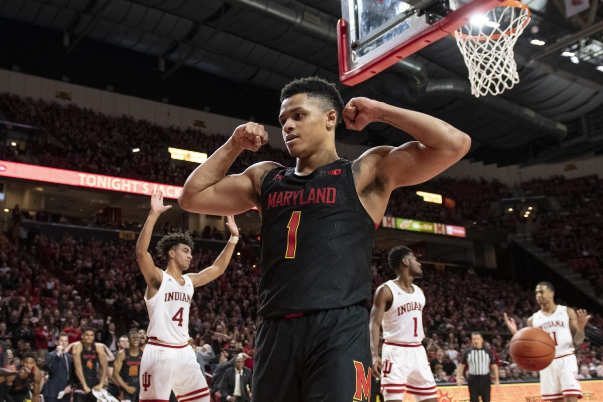 College Park, Maryland, USA; Maryland Terrapins guard Anthony Cowan Jr. (1) celebrates after scoring a being fouled by Indiana Hoosiers forward Trayce Jackson-Davis (4) during the second halfat XFINITY Center. Mandatory Credit: Tommy Gilligan-USA TODAY Sports
