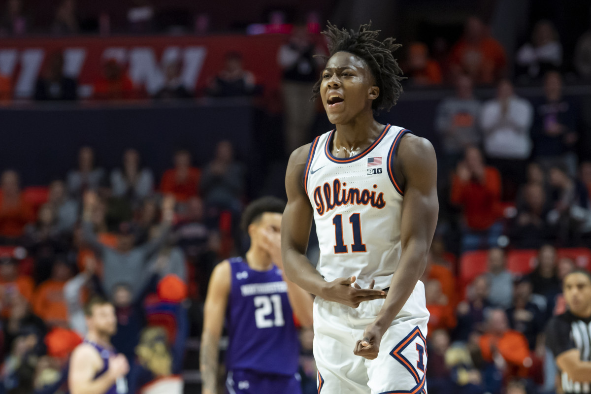 Illinois Fighting Illini guard Ayo Dosunmu (11) celebrates during the second half against the Northwestern Wildcats at State Farm Center.