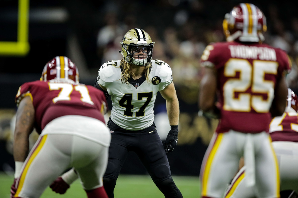Oct 8, 2018; New Orleans, LA, USA New Orleans Saints linebacker Alex Anzalone (47) against the Washington Redskins during the second half at the Mercedes-Benz Superdome. The Saints defeated the Redskins 43-1