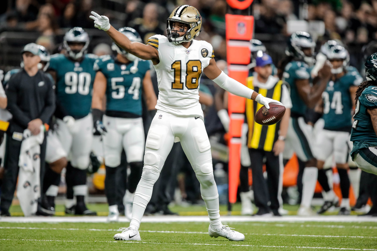 Nov 18, 2018; New Orleans, LA, USA; New Orleans Saints wide receiver Keith Kirkwood (18) celebrates after a first down against the Philadelphia Eagles during the first quarter at the Mercedes-Benz Superdome. Mandatory Credit: Derick E. Hingle-USA TODAY Sports
