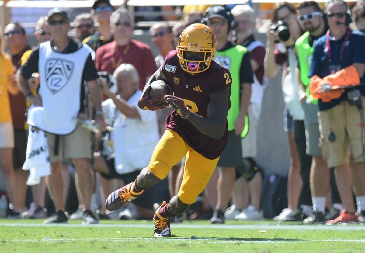 Arizona State Sun Devils wide receiver Brandon Aiyuk (2) runs with the ball against the Washington State Cougars during the first half at Sun Devil Stadium.