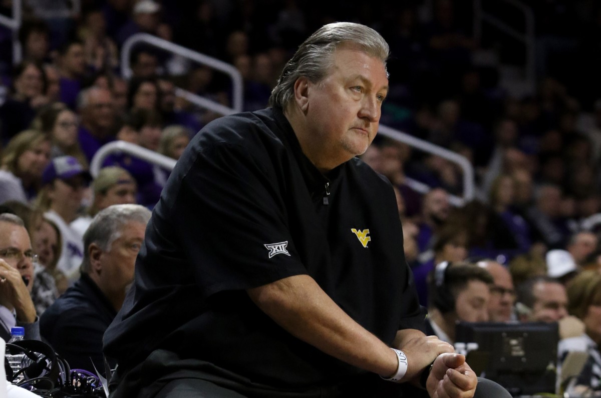 West Virginia Mountaineers head coach Bob Huggins looks on from the sidelines during the second half of a game against the Kansas State Wildcats at Bramlage Coliseum