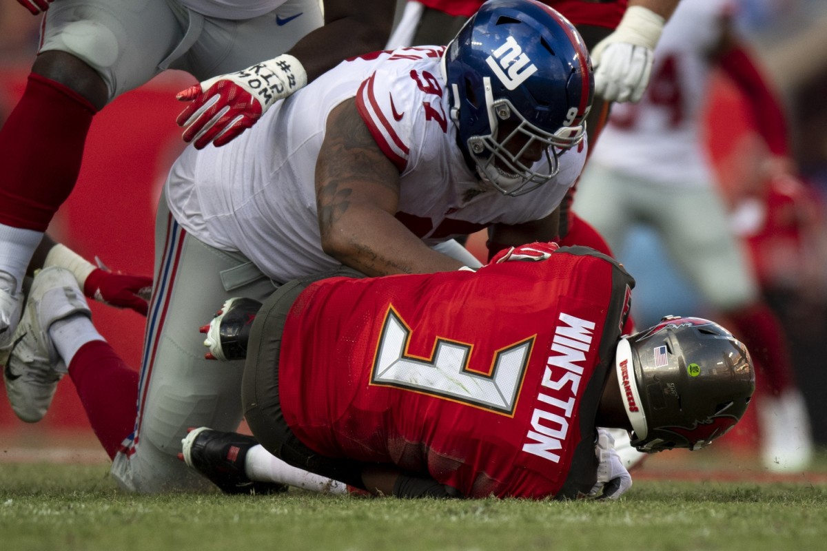 Sep 22, 2019; Tampa, FL, USA; Tampa Bay Buccaneers quarterback Jameis Winston (3) is sacked by New York Giants defensive tackle Dexter Lawrence (97) during the third quarter at Raymond James Stadium.