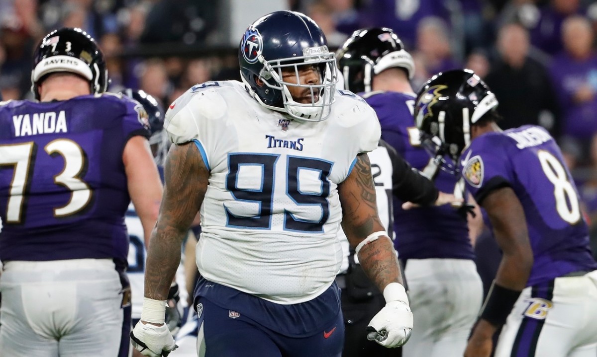 Tennessee Titans defensive end Jurrell Casey (99) celebrates on the field against the Baltimore Ravens in a AFC Divisional Round playoff football game at M&T Bank Stadium.