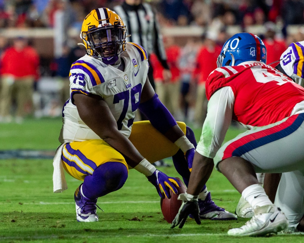 Louisiana State Tigers offensive lineman Lloyd Cushenberry III (79) sets up against the Mississippi Rebels in the first half at Vaught-Hemingway Stadium.