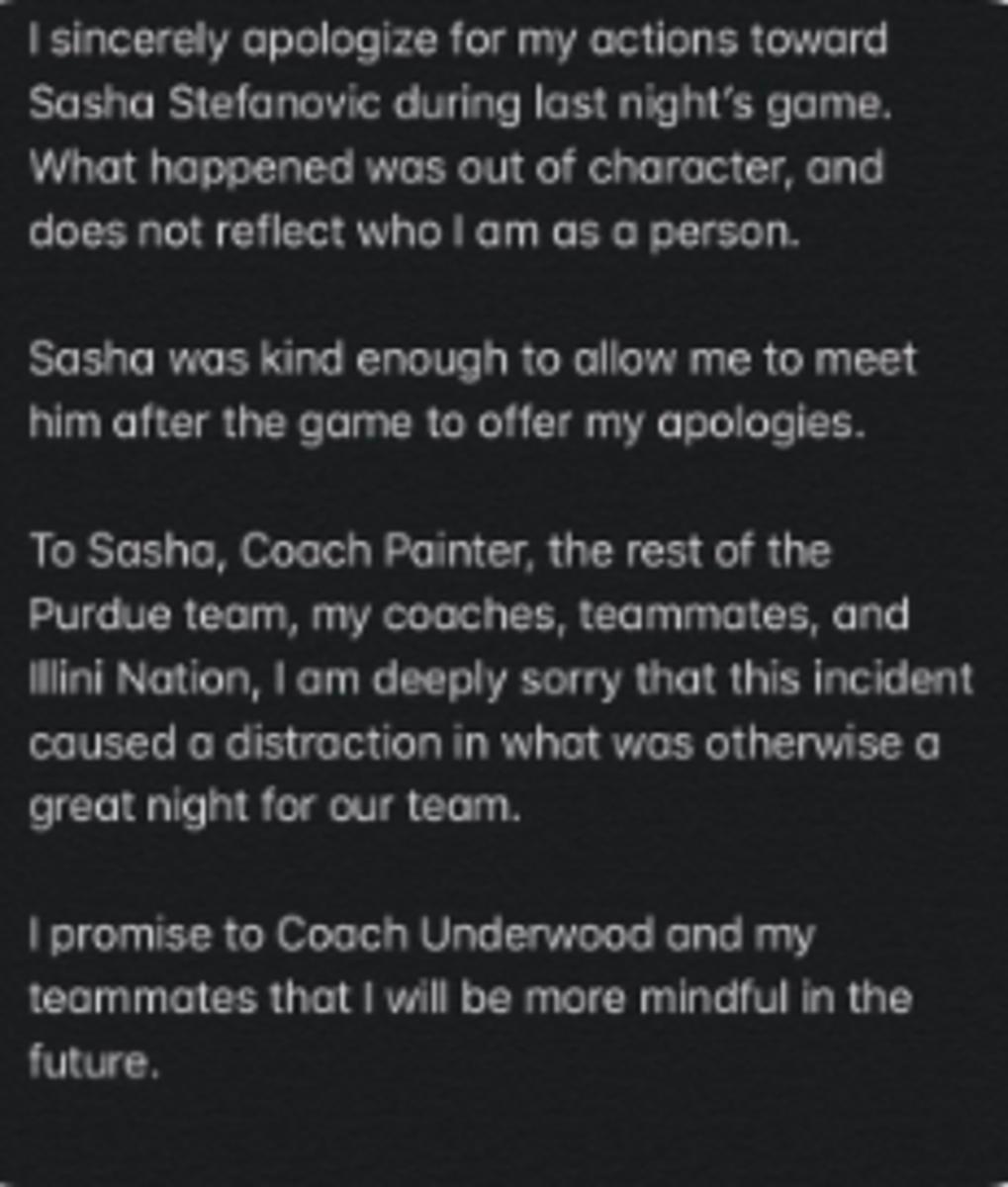 Illinois guard Alan Griffin issues statement of apology following his ejection from the game at Purdue on Jan. 21, 2020. Griffin was issued a Flagrant 2 foul after intentionally stepping on Purdue guard Sasha Stefanovic in the first half of the 79-62 win over the Boilermakers.
