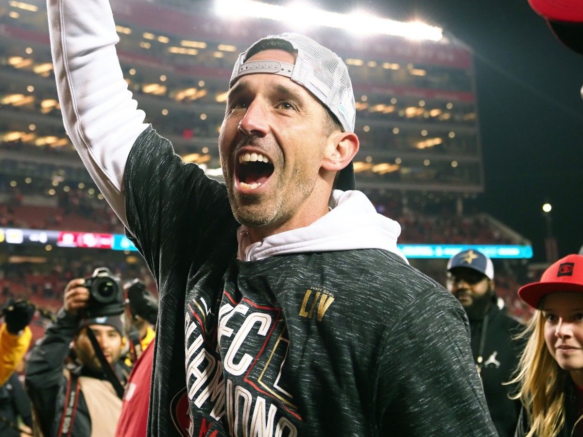 San Francisco 49ers head coach Kyle Shanahan celebrates the victory against the Green Bay Packers in the NFC Championship Game at Levi's Stadium.