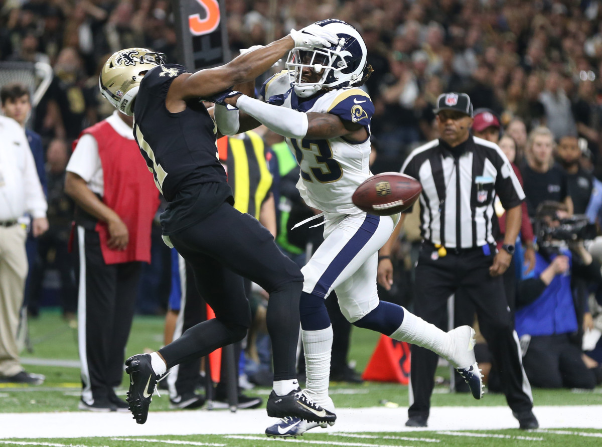 Jan 20, 2019; New Orleans, LA, USA; Los Angeles Rams defensive back Nickell Robey-Coleman (23) breaks up a pass intended or New Orleans Saints wide receiver Tommylee Lewis (11) during the fourth quarter of the NFC Championship game at Mercedes-Benz Superdome. Mandatory Credit: Chuck Cook-USA TODAY Sportsmore...