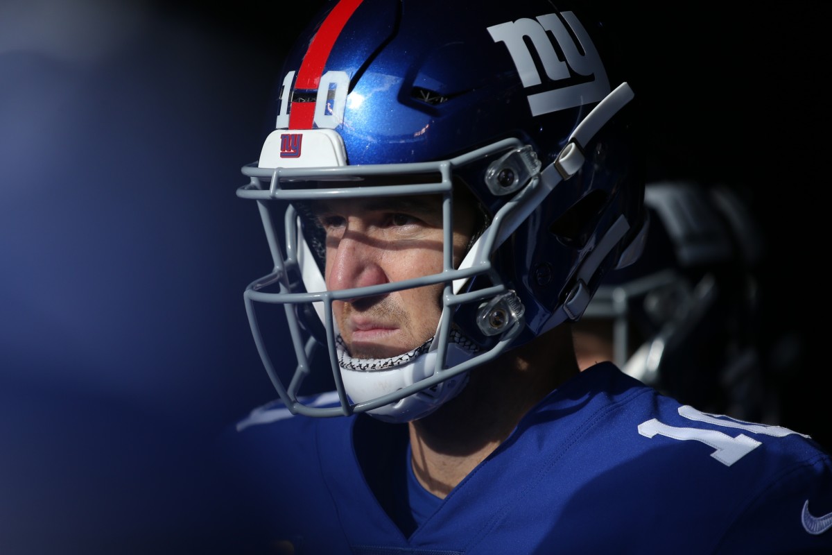 Dec 15, 2019; East Rutherford, NJ, USA; New York Giants quarterback Eli Manning (10) waits in the tunnel during player introductions before a game against the Miami Dolphins at MetLife Stadium.