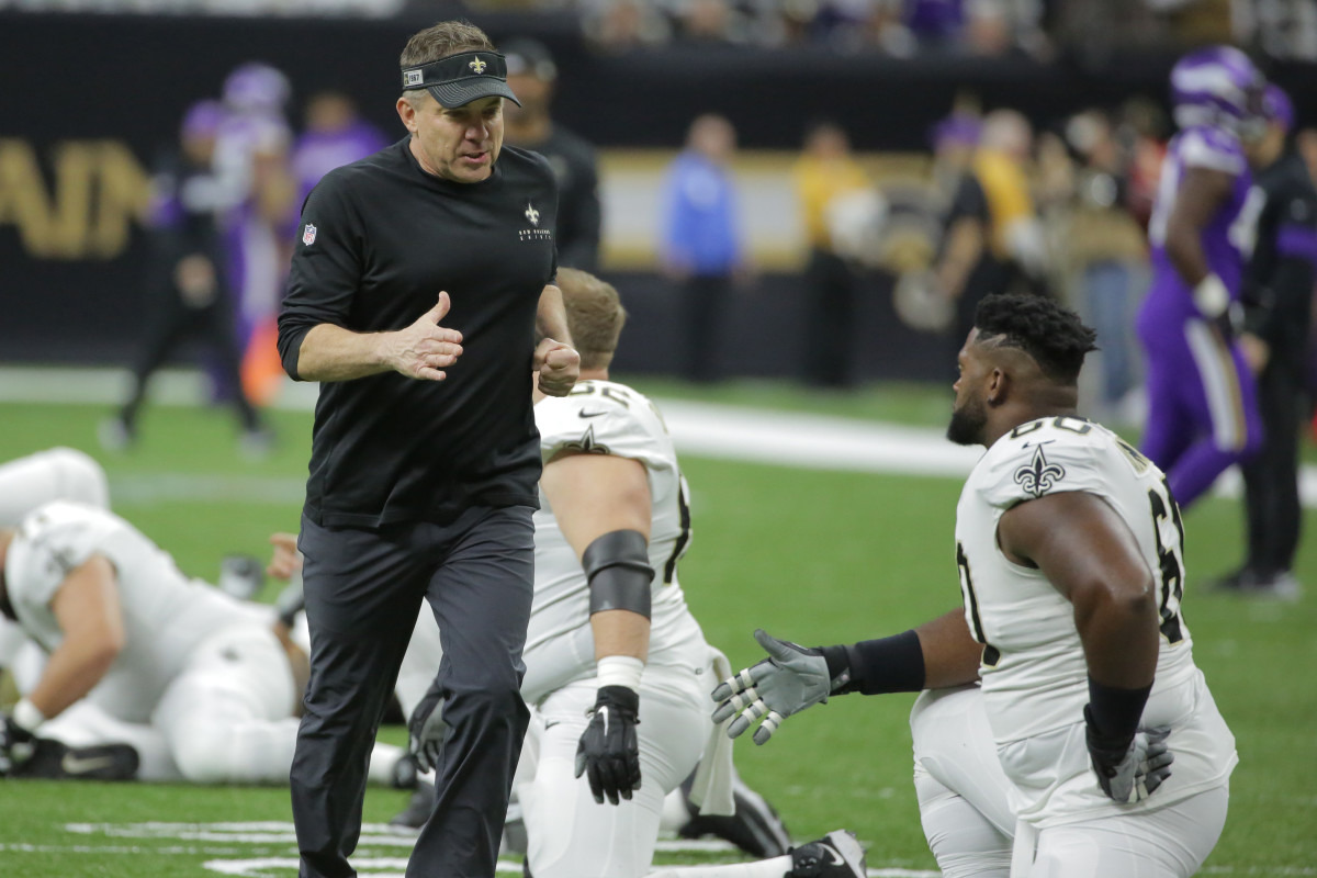Jan 5, 2020; New Orleans, Louisiana, USA; New Orleans Saints head coach Sean Payton shakes hands with players before a NFC Wild Card playoff football game against the Minnesota Vikings at the Mercedes-Benz Superdome. Mandatory Credit: Derick Hingle-USA TODAY Sports