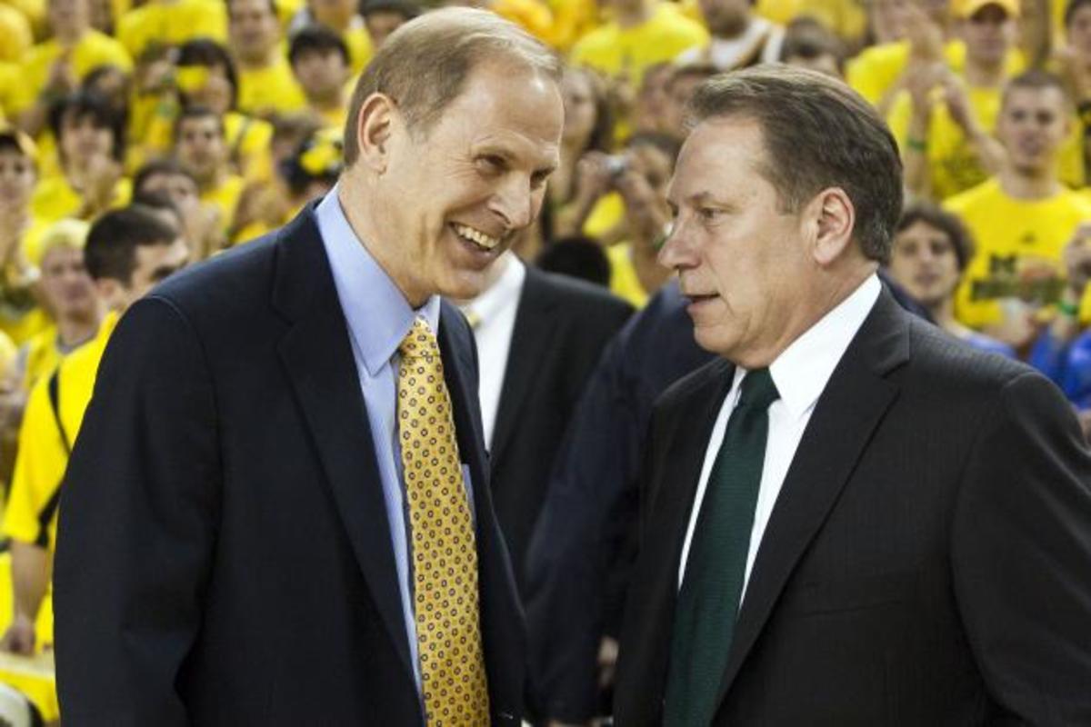 John Beilein and Tom Izzo visit in Ann Arbor prior to another hardcourt battle.  Photo courtesy of Mark Boomgaard.