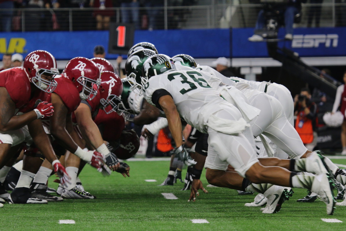 2015 Cotton Bowl defensive line of scrimmage MSU vs BAMA Photo courtesy of Tom Ackerson.