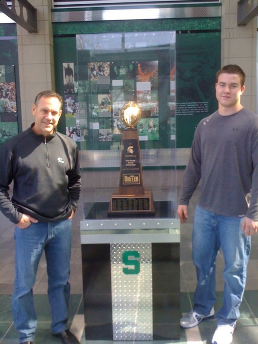 Mark Dantonio and super stud 2013 OT Kyle Bosch spent two hours talking character, school and football on a recent visit to East Lansing.  Photo courtesy of Bosch.